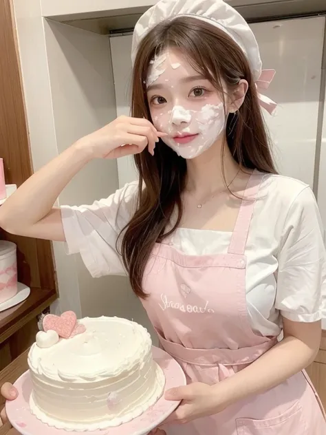 Wear a pink 、 white apron to make a cake 、 smeared with white cream on your face、