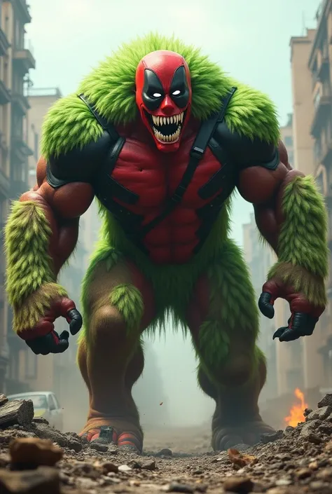 "Imagine a colossal, fearsome hybrid creature that fuses the chaotic essence of Deadpool with the unique characteristics of a kiwi. This monstrous being towers over its surroundings in a devastated, burned cityscape, featuring a massive, muscular body cove...