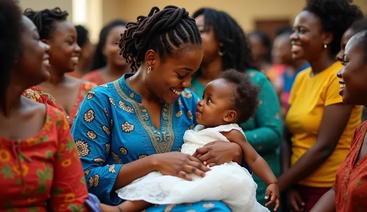 A tired beautiful caramel coloured lady in short braids and blue Ankara kaftan and blue rubber flipflops  carrying a beautiful caramel coloured five year old girl in a white dress on her laps in a Nigerian church is surrounded by women in gorgeous attire l...