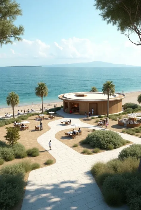 Can you design a design that combines an idyllic concept social facility and an emergency meeting area at Arsuz Karaağaç public beach?