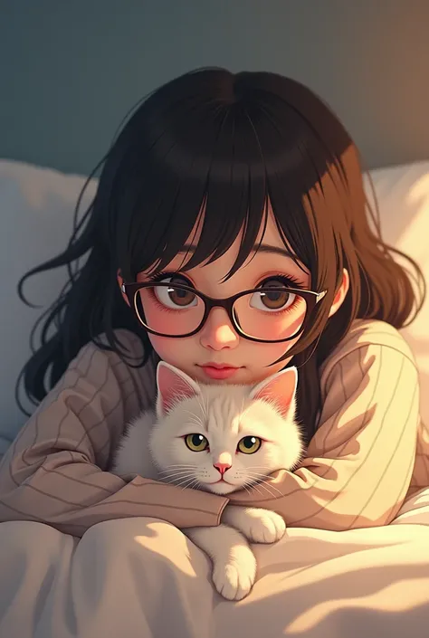  has a woman lying in bed with a cat and wearing glasses, Photo by Yang J., Tumblr,  Realism, The cat is very cute and beautiful.,  An ambitious cute  , Pretty girl cat,  there was a cat next to her , With glasses, Ulzzang,  with cute looking eyes , Possib...