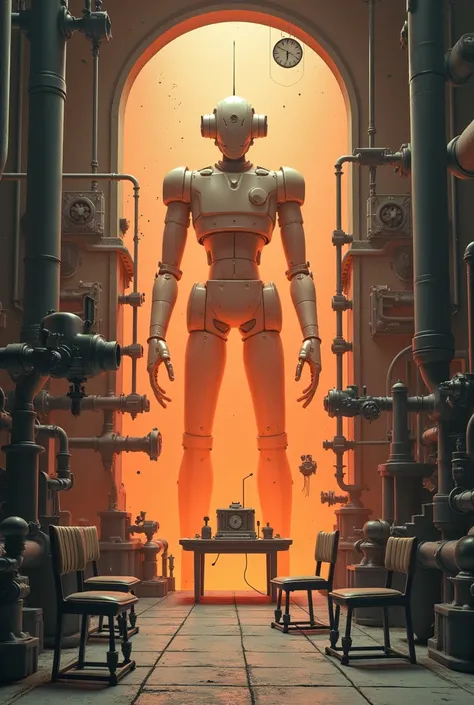 Abode of Vacancy, one window has light, a room full of valves and pipes, chairs, lights, orange floor, a table, dust in  the air, no gravity, White and orange coloring, The joints are dark grey bellows, Abode of Vacancy, retro, steam, a huge android robot ...