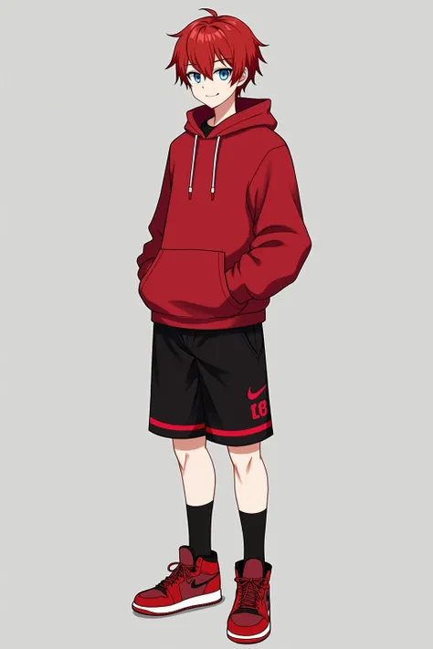 create a 2D image of an adult male , anime ,  with hair with a short front and a medium red back, fringe , white pele,  light blue eyes ,  red hoodie , Jordan red on the foot ,  black shorts with red lines on the hem of the shorts that go up to the middle ...