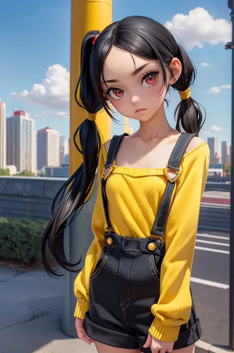 (masterpiece) (high Res), (Perfect face), (perfect anatomy), girl, black hair with pigtails, red eyes, (flat chest:1.6), short, fair skin, ((yellow sweater)), ((black skirt overalls)), black boots, ((((solo)))), ((((alone)))), (in a city), ((beautiful blue...