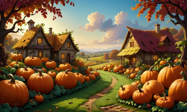        masterpiece ,       Best quality      ,      extremely detailed 8K wallpaper        ,  Lets harvest the fruits of the season together
Pumpkins dream of tradition