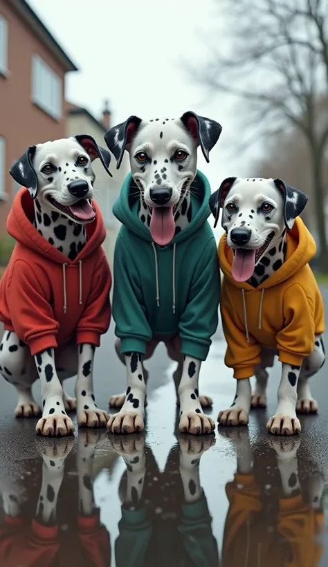 Create a hyper-realistic and detailed illustration of three anthropomorphic Dalmatian dogs in a casual, urban setting. The dogs are dressed in modern streetwear hoodies and jackets, exuding a cool and rebellious vibe. Their poses are low and crouched, as t...