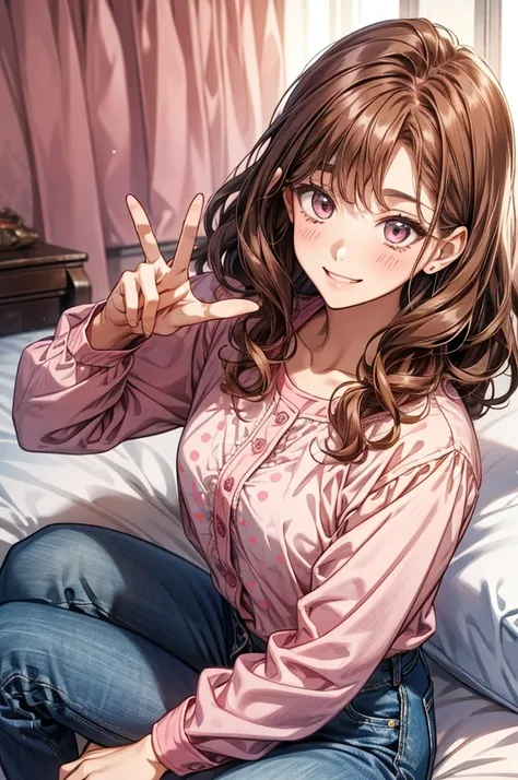 cute teenager manhwa girl with brown curly hair and pink shirt with ribbons and dots, jeans, Zetson Style, portrait, smiling and shy look, front view, no boob, peace sign with hand, cute aesthetic, sitting on a bed, pink themed, cute themed