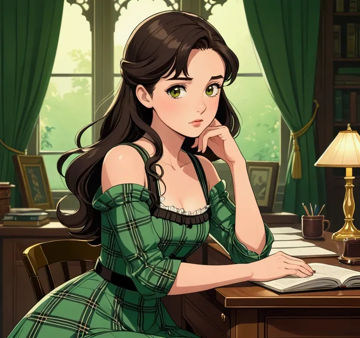 The name "The Loyal Pin" in an elegant and dynamic metallic gold font on an idyllic anime illustration style image of a young British woman with medium-long brown hair and brown eyes, dressed in a light green wide-strap dress with dark green checkered trim...