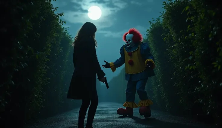  a female detective confronted with a murderous clown, while they are in a maze of bushes at night 