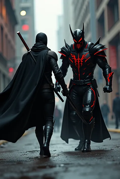 Make an image of a superhero with katana running over a villain the superheros clothing all black and a black cape and two katanas on the back the villains clothing a black armor with red details and horns is the man with a katana the super villain doesnt ...