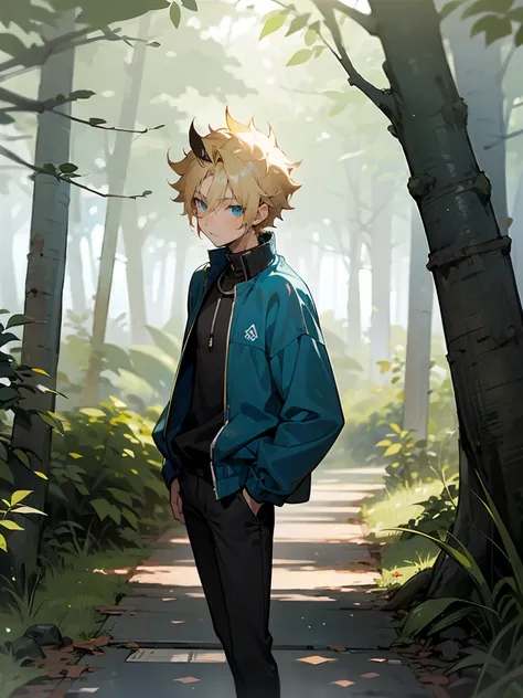 1male ,Blonde Hair, Spiked Hair , Short Hair , Messy Hair , Minato Namikaze , Blue Eyes , Fitted Black Longsleeve Shirt , Blue Fleece Jacket , Yukata , Young Male , Calm Expression, Standing on path , Forest Background