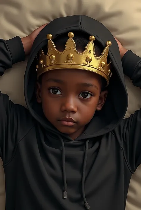 Black boy sitting on his back with gold crown dressed in black hoodie