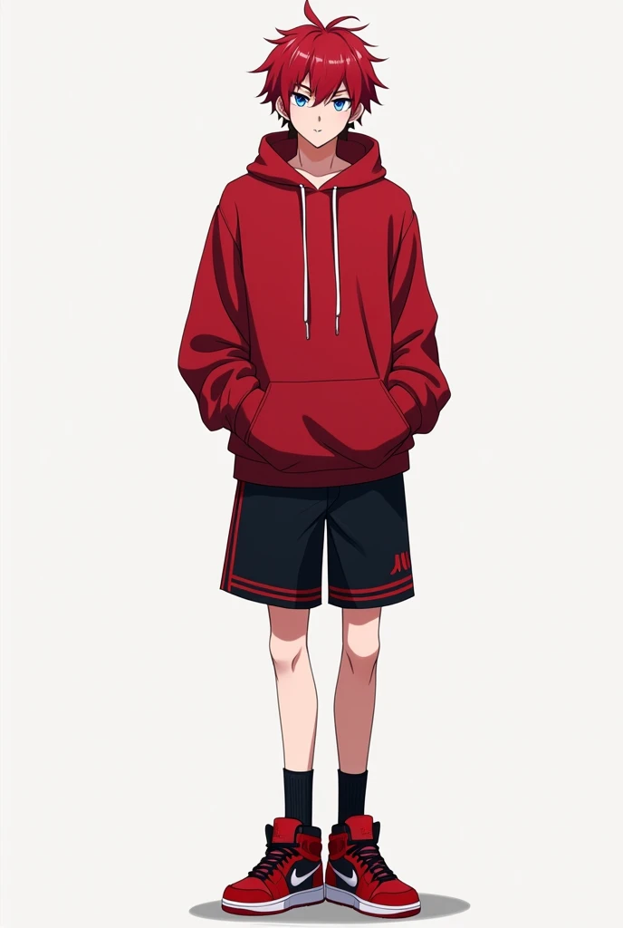 create a 2D image of an adult male , anime ,  with hair with a short front and a medium red back, fringe , white pele,  light blue eyes ,  red hoodie , Jordan red on the foot ,  black shorts with red lines on the hem of the shorts that go up to the middle ...