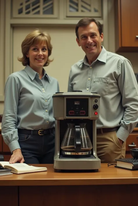 old outdated moccamaster, 2 people standing next to moccamaster, drinking coffee in office in the 80ties