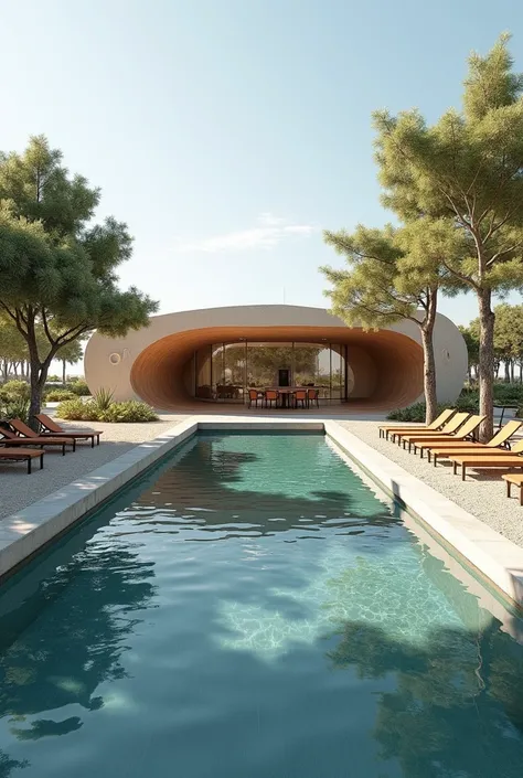 Can you design a design that combines a social facility with an idyllic concept pool and an emergency meeting area at Arsuz Karaağaç public beach?