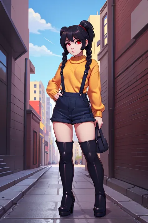 (masterpiece) (high Res), (Perfect face), (perfect anatomy), girl, black hair with pigtails, red eyes, (flat chest:1.6), short, fair skin, ((yellow tiny sweater top)), ((black short skirt overalls)), black high heel boots, ((((solo)))), ((((alone)))), (in ...