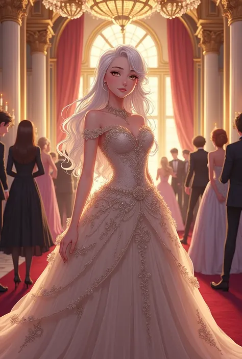 Princess, white hair, 18 years old, at a party in the castle Put on a neat princess dress, high quality anime