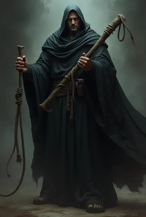  A man wearing a black robe and holding a big whip 