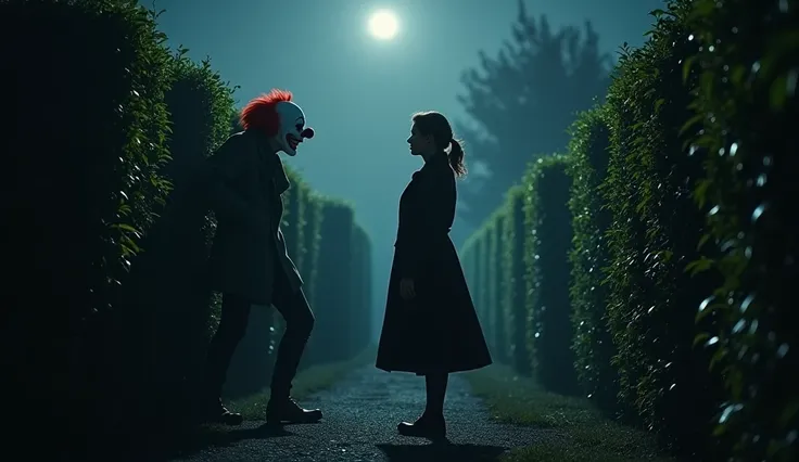 A female detective standing in front of a murderous clown, while they are in a maze of bushes at night . 