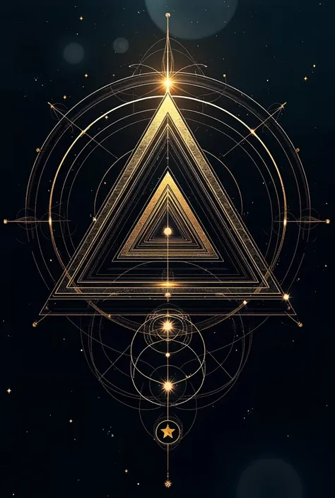 give me 6 image Design a symbolic image that focuses exclusively on basic geometric shapes: triangles, circles, lines and squares. The composition must express the cosmic harmony and balance of the universal elements. The triangles will be the main focus, ...