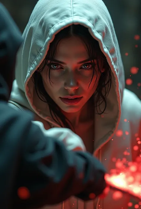 Hight quality, realistic view, very beautiful woman, woman white hoodies bunny cute, woman cut neck a ninja by knife, woman kill ninja, blood splashed in neck ninja