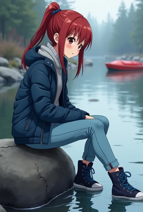 anime girl, dark red hair,  strict ponytail ,  light gray knit sweater , blue winter jacket , light blue jeans up to the shoes ,  completely dark blue hi-top sneakers with blue laces,  sit on big rocks in the river ,  keeps the left foot deep underwater,  ...