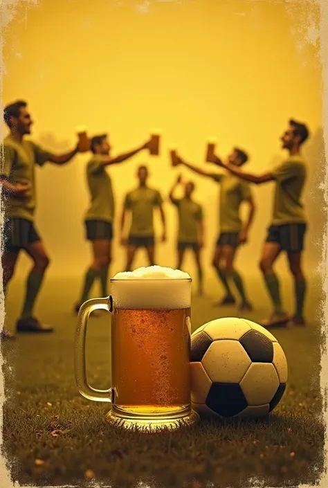  Create an album cover for a music CD

The title of the CD is  "Gut Kick Victoria"

 The picture should look like a very old photo from 1940 . (Yellow tint ,  slightly blurred , Rush)

 The picture should show a full beer mug and a soccer ball on a soccer ...