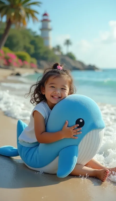  An extraordinarily gentle photo of a girl with a whale toy ,   on the seashore hugs a blue whale toy against the background of splashing waves, palm trees, flowers, distant lighthouse ,  flowing water ,  Hyperrealism,  professional photo ,  realistic, bea...