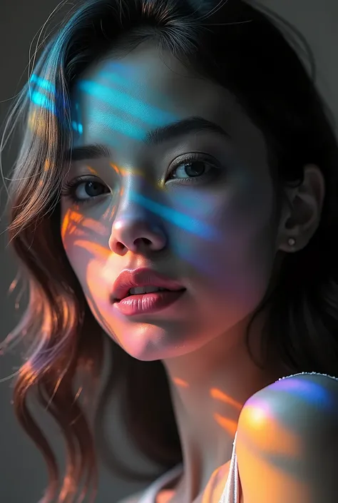 a beautiful woman in a monochrome photographic portrait, overlaid with a vibrant gradient of colored lines, semi-transparent, highly detailed, cinematic lighting, dramatic colors, ethereal, (best quality,4k,8k,highres,masterpiece:1.2),ultra-detailed,(reali...