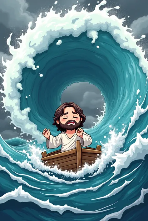 ((jesuschrist)), ((chibi, full chibi,)) cute, in Half Asleep expression, Yawning and Rubbing one side  of eye,(((he is Calming the storm)), ANIME STYLE, DETAILED LINEART, DYNAMIC POSE, Graphic Style, (Manga influence:1.3), Jesus standing in boat, (((liftin...