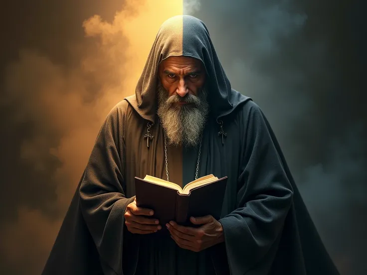 An ultra-realistic, high-quality image with well-defined features
I need two striking, eye-catching images, perfectly divided with two prophets: one side is the prophet of light with a Bible in his hand, a light side, the other side is the very well-dresse...