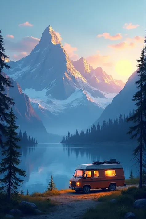 Genere une image dun traileur en face dun lac avec une immense montagne en fond
Perspective que le chemin est encore long pour arriver en haut 
Le soleil couchant et le temps sassombrissant
Image animé