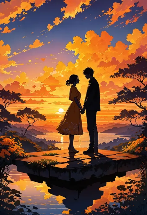 The image depicts a silhouette of a couple holding hands at sunset. They are seen standing together on a slightly elevated surface with some vegetation in the foreground. The sky is beautifully lit with vibrant hues of orange and yellow, creating a warm an...