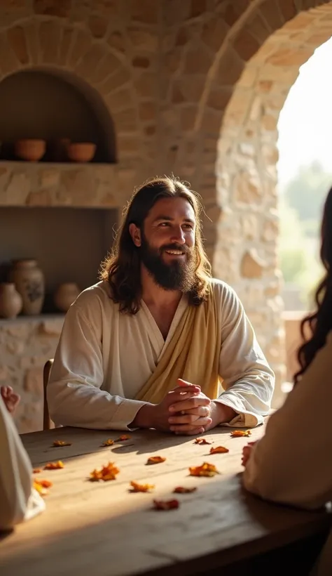 Jesus Christ with long brown hair and beard ,  dressed in an antique-style white tunic ,  sitting at a rustic wooden table inside a Stone room illuminated by soft natural light . The man looks serene and cheerful ,  with people around him celebrating and c...