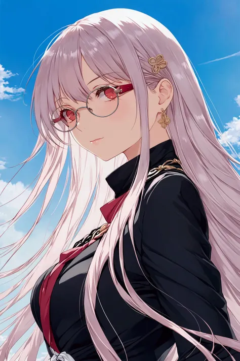 anime girl with long white hair and red glasses standing in front of a blue sky, best anime 4k konachan wallpaper, smooth anime cg art, detailed digital anime art, detailed anime character art, anime style 4 k, anime girl with long hair, high quality anime...