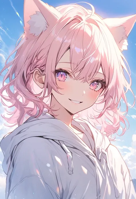  handsome, Alone, 1 female,  Medium Hair , Thick Tea Hair,  pink highlights on the tips, Light pink eyes,,morning,White hoodie,blue sky,Cat ears,smile