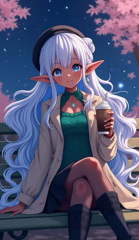 Make me an anime-style image: of a girl,  long wavy white hair ,  hair reaches the hip ,  the hair is half tied and half loose ,  the hair has a part tied in a bun that is left up,  the hair has a loose part that falls down the back ,  the hair on the back...