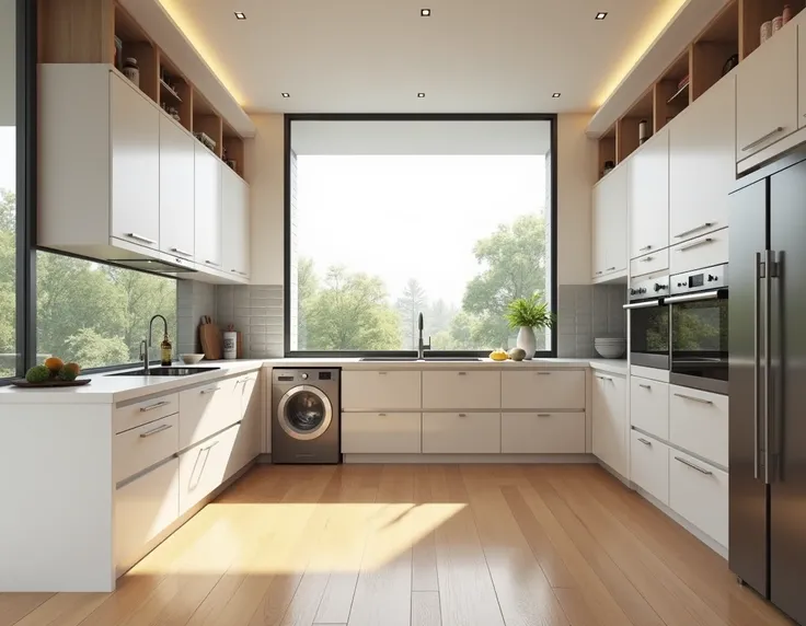  - The kitchen measures 4000mm x 40000mm - the distribution is U - The window measures exactly 3000mm in length and 600mm in height - the window has no divisions in the glass , the undivided glass ,  only a black frame - add cabinets above the window - the...