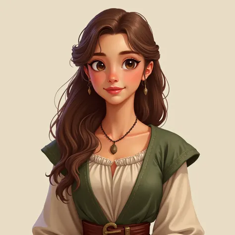 Make a realistic cartoon character from a medieval era where she wears peasant clothes and has a delicate face, long brown hair. A kind and sweet one who helps her friends.  She is excellent at fighting with swords and loyal help to her friends .