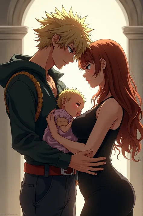  Katsuki Bakugo from My Hero Academia carrying an ashy blonde baby with Ruby eyes.  Next to a girl with waist-length hair . Hair color: chestnut. She has good curves , big breasts and back . 