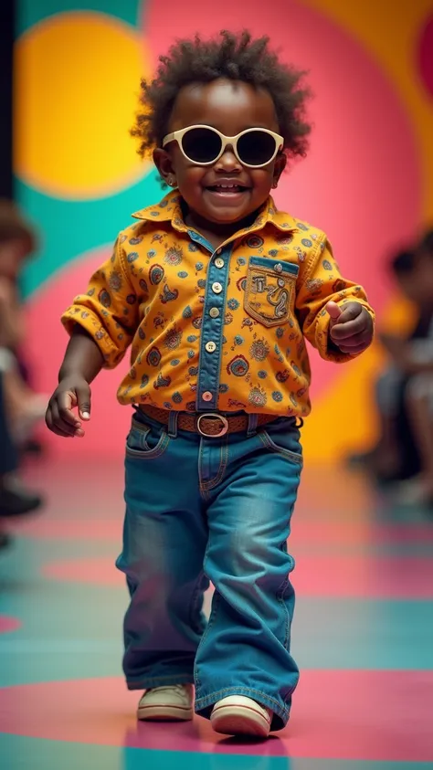 Portrait of a plump and cheerful black baby boy, about one year old, chuckling as he struts in a fashion show. His round belly and arm rolls are visible under his tiny 1970s-inspired bell-bottom pants and vibrant patterned baby shirt. He wears baby-sized r...