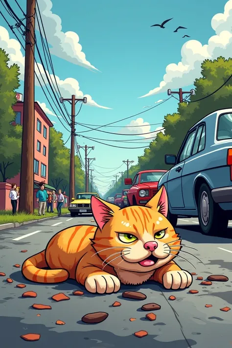 Please create a cartoon image of Mother Cat 1 being injured from being hit by a car.