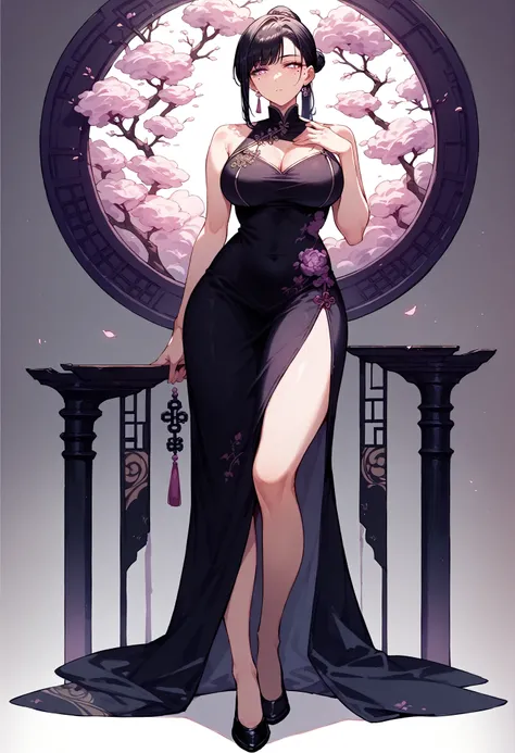 mixed_artwork style, (detailed eyes), (Mature woman), beautiful woman, medium breasts, black hair, bangs on eye, Side bangs, ponytail, (black oriental dress), Lavender eyes, mole under eye, huge body, (expressionless gaze), full view