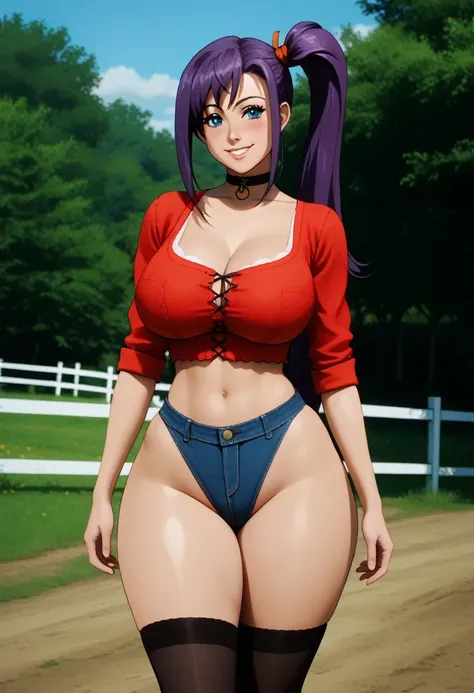 (black stockings, denim, wide hips, high leg, huge breasts, cowboy waist, slutty),((high leg, fat thighs: 1.5)), (big breasts: 1.3), choker on neck, smiling , ((blushing with excitement)), vulgar smile, Amaya Haruko, alone, long hair, side ponytail, purple...