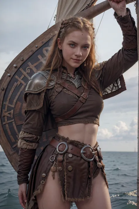 a viking woman, 30yo attractive Norse woman, Viking Shieldmaiden, (medium strawberry-blonde hair, viking braids, braided hair), (dark eyeshadow, dark eyeliner, fully lips, detailed green deep eyes, from weather tanned face skin, beautifully matured face), ...