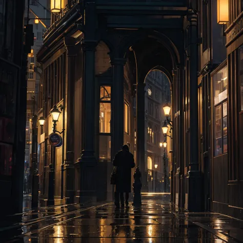 A highly detailed city night scene featuring Big Ben, viewed from the perspective of the bustling streets. The scene includes wet cobblestone roads reflecting the glow of streetlights, vibrant storefronts with warm light spilling out, and people walking or...