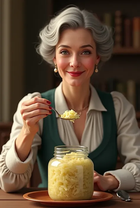 a matured Girl with formal attire with smile eating sauerkraut from a fermentation jar with a spoon