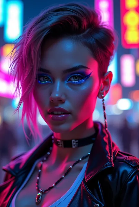 A close-up portrait of a woman in a vibrant cyberpunk style. Her face is illuminated by neon lights in bright, saturated colors like electric blue, neon pink, and vivid purple. She has sharp, angular features with futuristic makeup, including glowing accen...