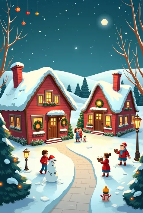 Cartoon of a small town at Christmas time where there are only three houses 

