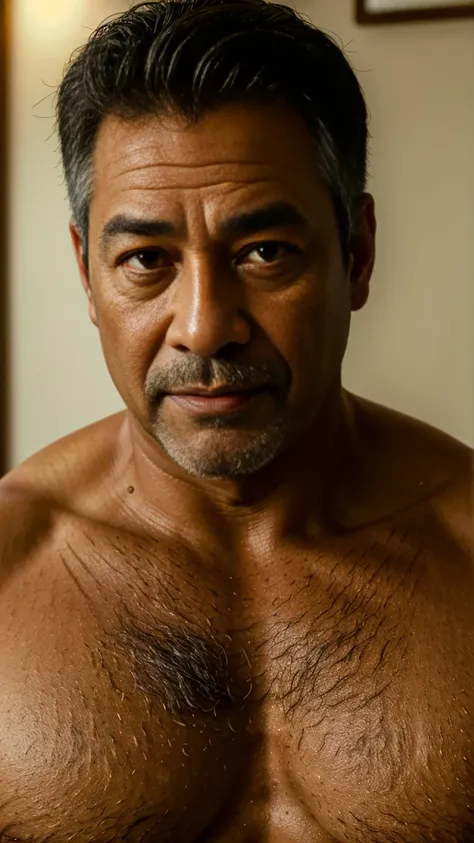 (best quality,4k,8k,highres,masterpiece:1.2),ultra-detailed,(realistic,photorealistic,photo-realistic:1.37),portrait,middle-aged man,asian,brown,chubby,muscular,60 years old,father,dadbod,shirtless,hairy chest and abs,smart professor,detailed eyes,detailed...